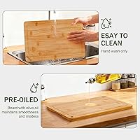 Vista 6 de Azaeahom Tablas de cortar de bambú para cocina, tabla de cortar de madera con ranuras para jugo y asas integradas, tabla de cortar grande, mediana
