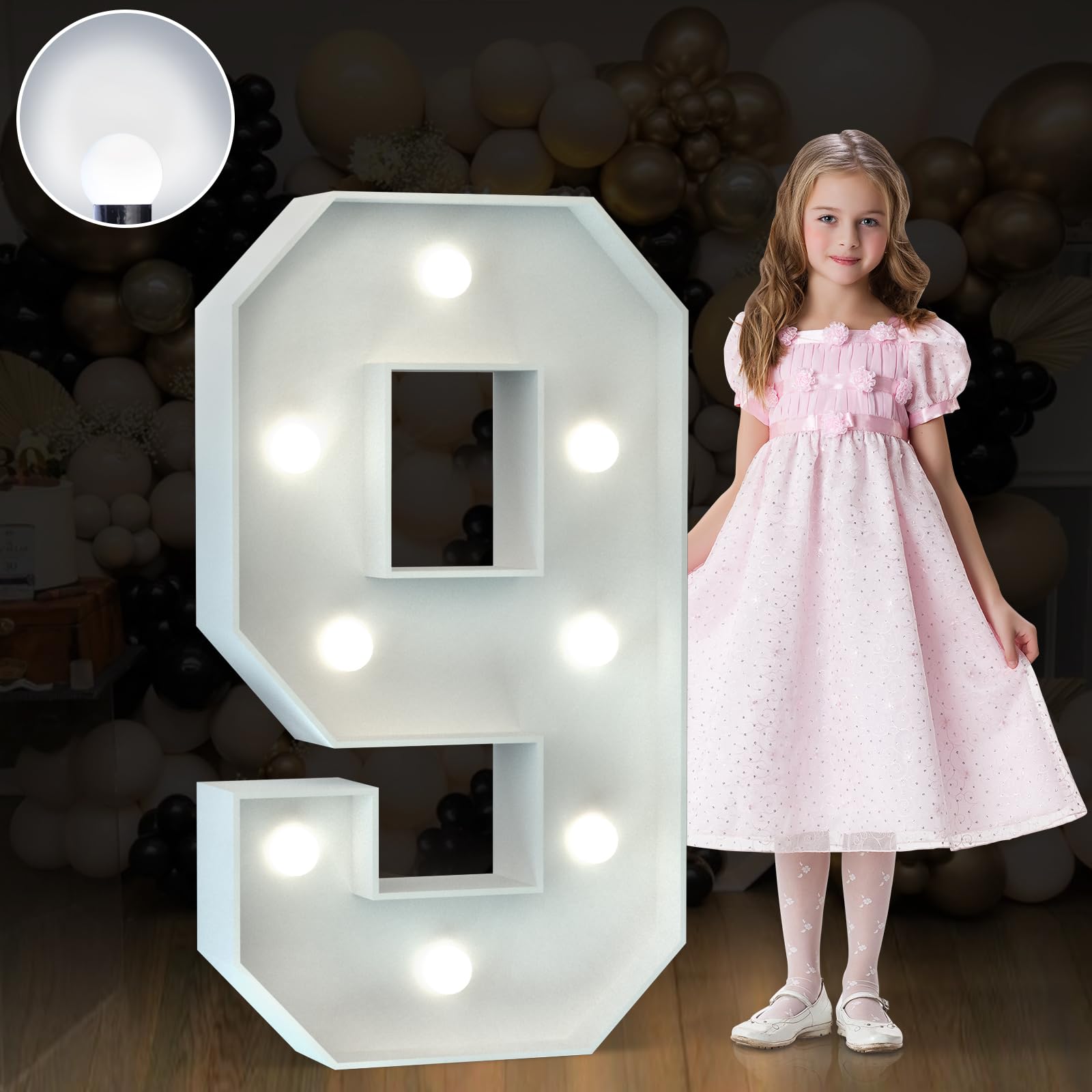 imprsv 3FT Marquee Light Up Numbers, Marquee Numbers 9, Cool White Light Up Numbers for Party, Big Numbers for 19th 29th 90th Birthday Party Decorations,Large Cardboard, Anniversary Decor