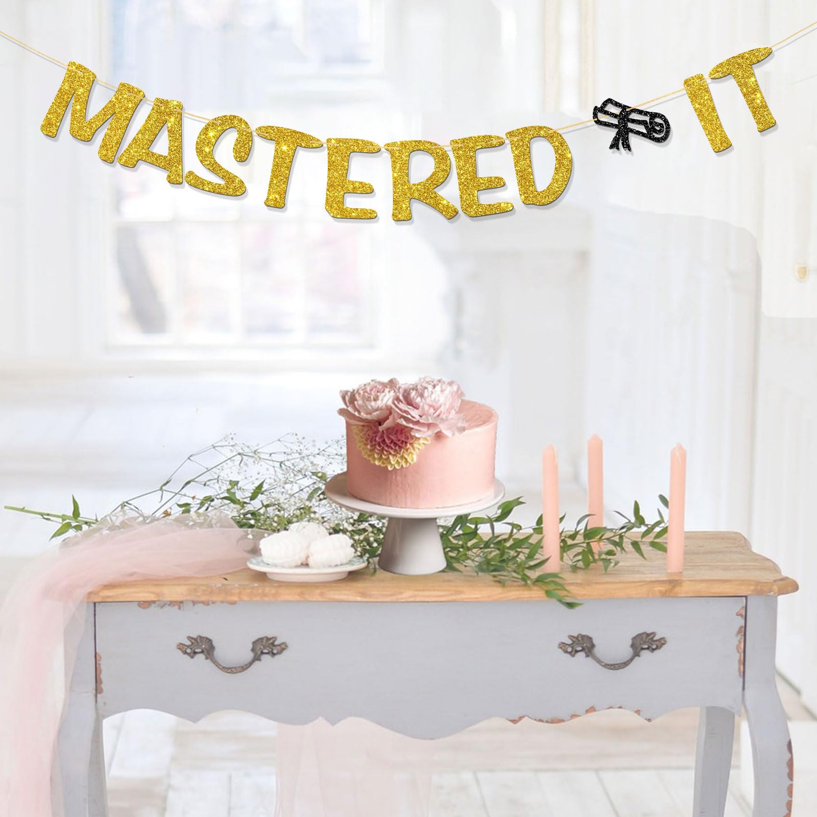 Mastered It Banner - Adventure Begins - Congrats Grad Party Supplies for Boy Girl - Master Graduation Party Decorations - Gold Glitter - Image 3