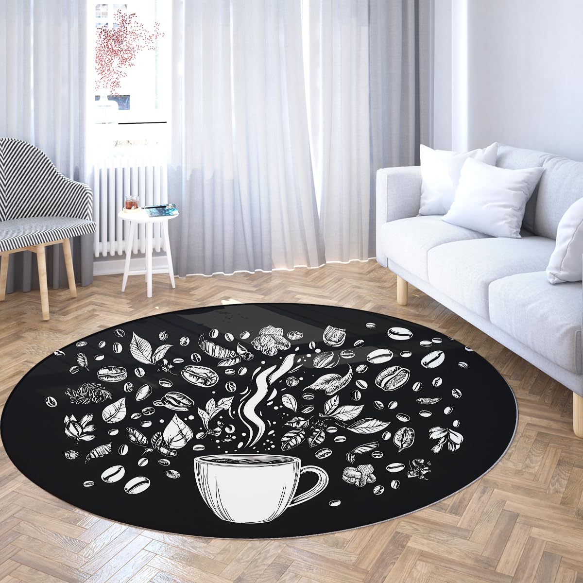 Kawa Vintage okrągłe dywaniki 120 cm czarny okrągły dywan maszyna do prania cienkie cienkie łatwe do czyszczenia dywan z niskim włosiem do dekoracji kuchni i jadalni