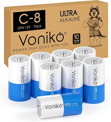 Voniko Baterías C ultra alcalinas, paquete de 8 baterías LR14 de tamaño C  10 años de vida útil y 6-9 veces la potencia que las baterías de carbono,