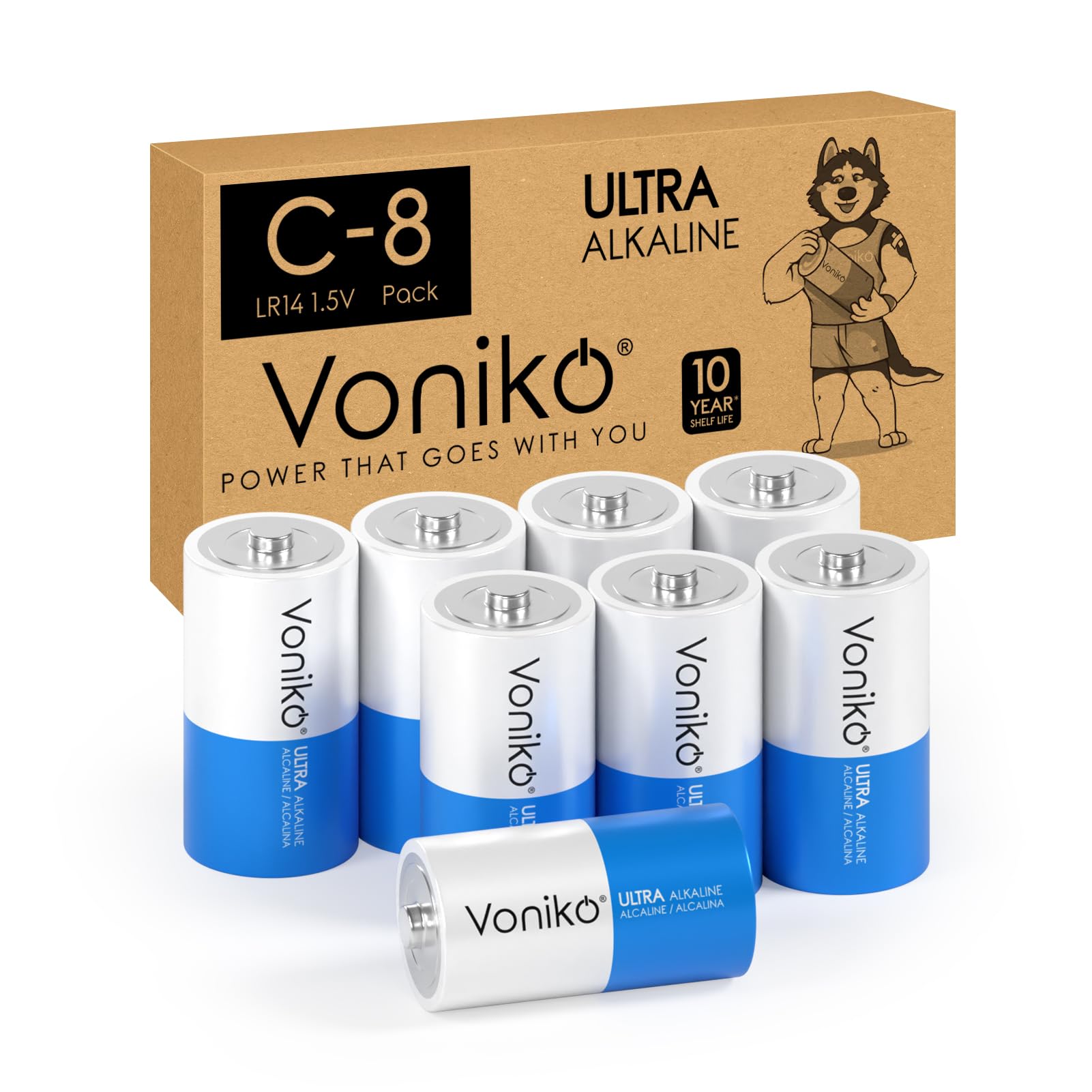 Voniko Ultra Alkaline C Batteries, C Size LR14 Batteries 8 Pack – 10-Year Shelf Life and 6-9 Times The Power as Carbon Batteries, C Cell 1.5 Volt Battery