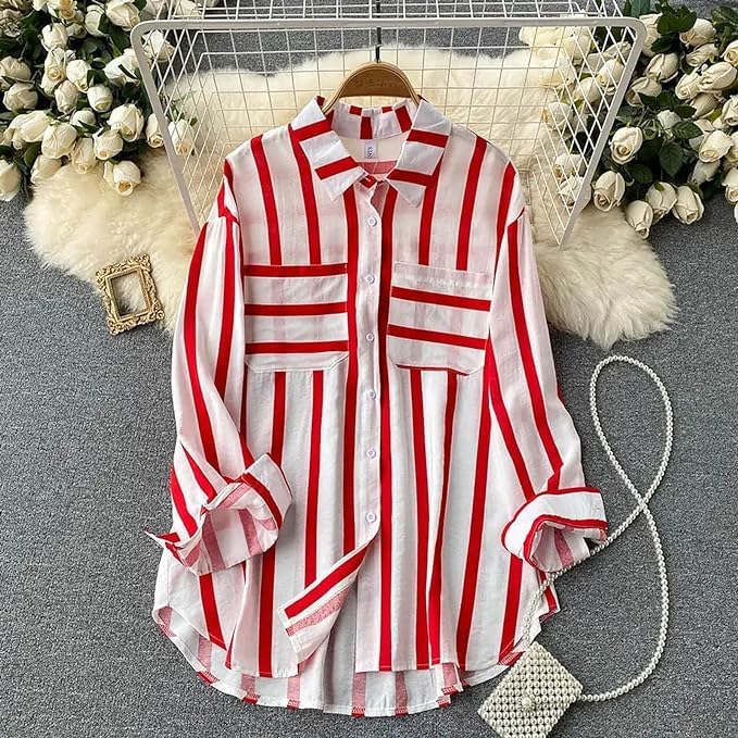 Image of ROYALICA Women's Orange & White Striped Cotton Blend Oversized Casual Shirt