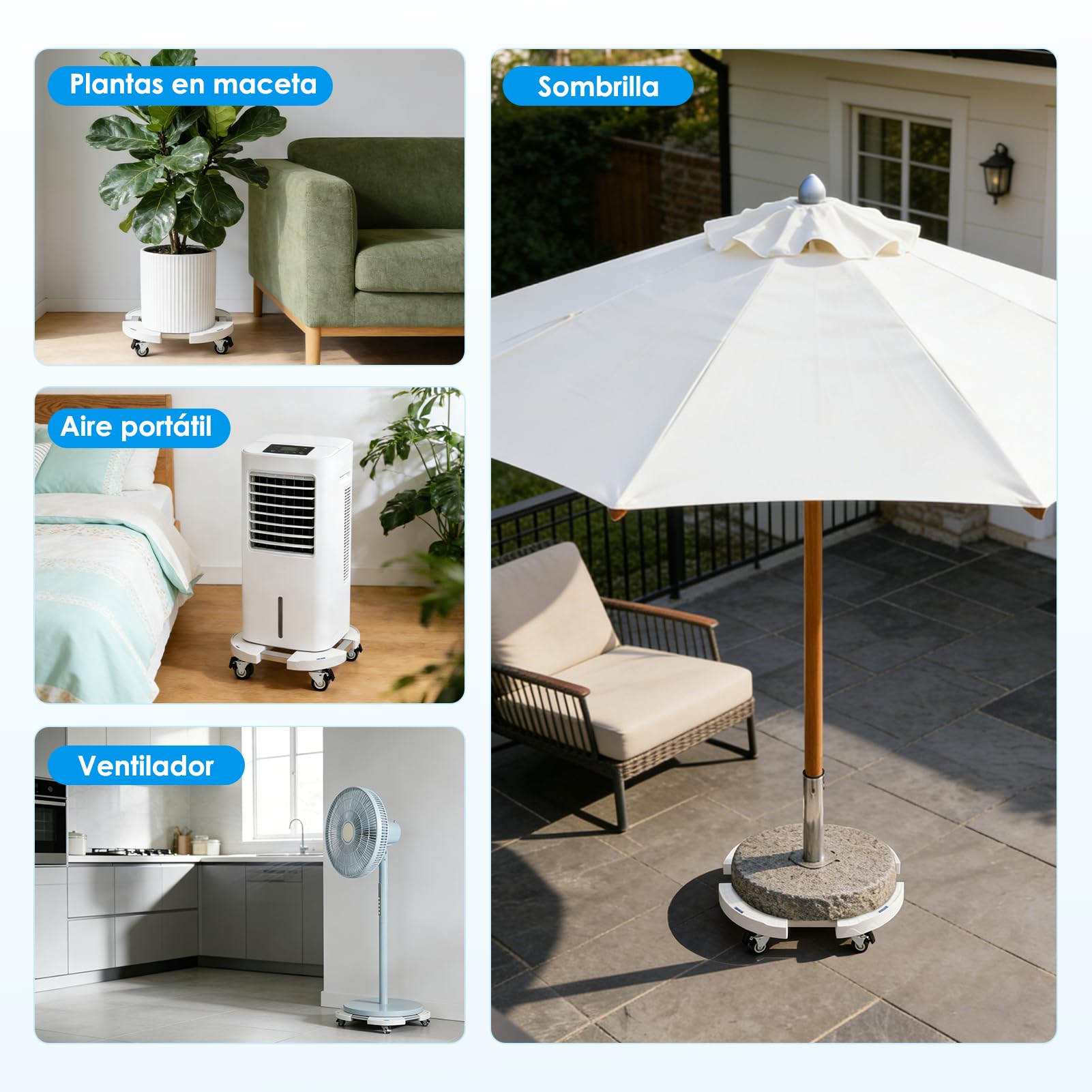 DEWEL Plataforma con Ruedas Ajustable Ø 38-45cm, Soporte para Macetas con Ruedas 360° con Freno, Instalación Rápida sin Tornillos, Capacidad 200kg, para Plantas, Sombrilla, Ventilador