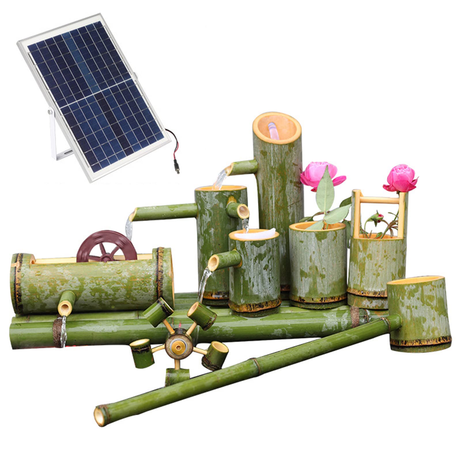 asdchZen Solar Water Fountain For The Garden Solar Powered Bamboo Pipe Flowing Water Decoration, Pumping Truck, Landscape Without Plug-In, Landscape Stone Crafts, 100Cm/39.4 In,80cm/31.5 in