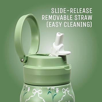 Mayim 20oz Insulated Stainless Steel Water Bottle with Removable Straw, Leakproof Lid & Oversized Carry Loop, Cup Holder Friendly (Sage Botanical Tile)