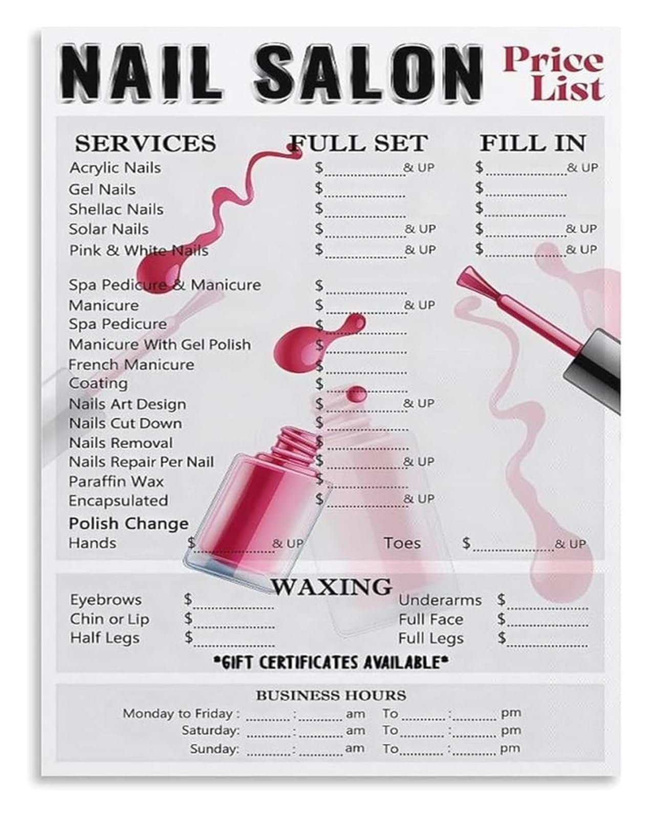 KCDFDVJFBM Nail List and Services Poster for Salon Canvas Wall-Art Decor(Framed,12x18inch(30x45cm))