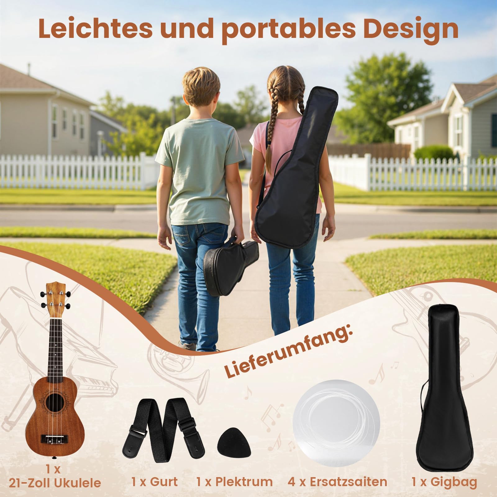 COSTWAY 21 Zoll Sopran Ukulele, Holz Ukulele Starter Kit mit Tasche, Pick, Tuner, Gur & zusätzlichen Nylonsaiten, Vintage Kleine Gitarre Set für Kinder Erwachsene Anfänger, 54 x 17,5 x 8 cm