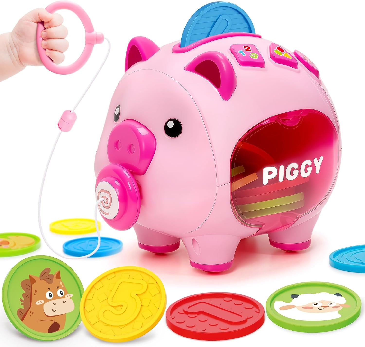 Musical Piggy Toys for 1 Year Old Girl Gift, Piggy Bank with Educational Number, Color, Animal Coin for Baby Interactive Toy 6-12-18 Month, Christmas 1st Birthday for 7 8 9 10 Month Old Girl Boy