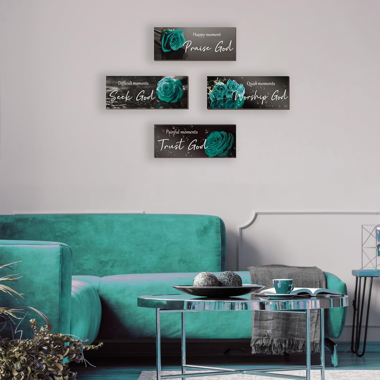 4 Pcs Teal Bathroom Decor Religious Wall Art Turquoise Bathroom Bible Verse Inspirational Teal Rose Wall Decor Wooden Christian Sign for Home Office Bedroom Living Room Kitchen(10x4) thumbnail