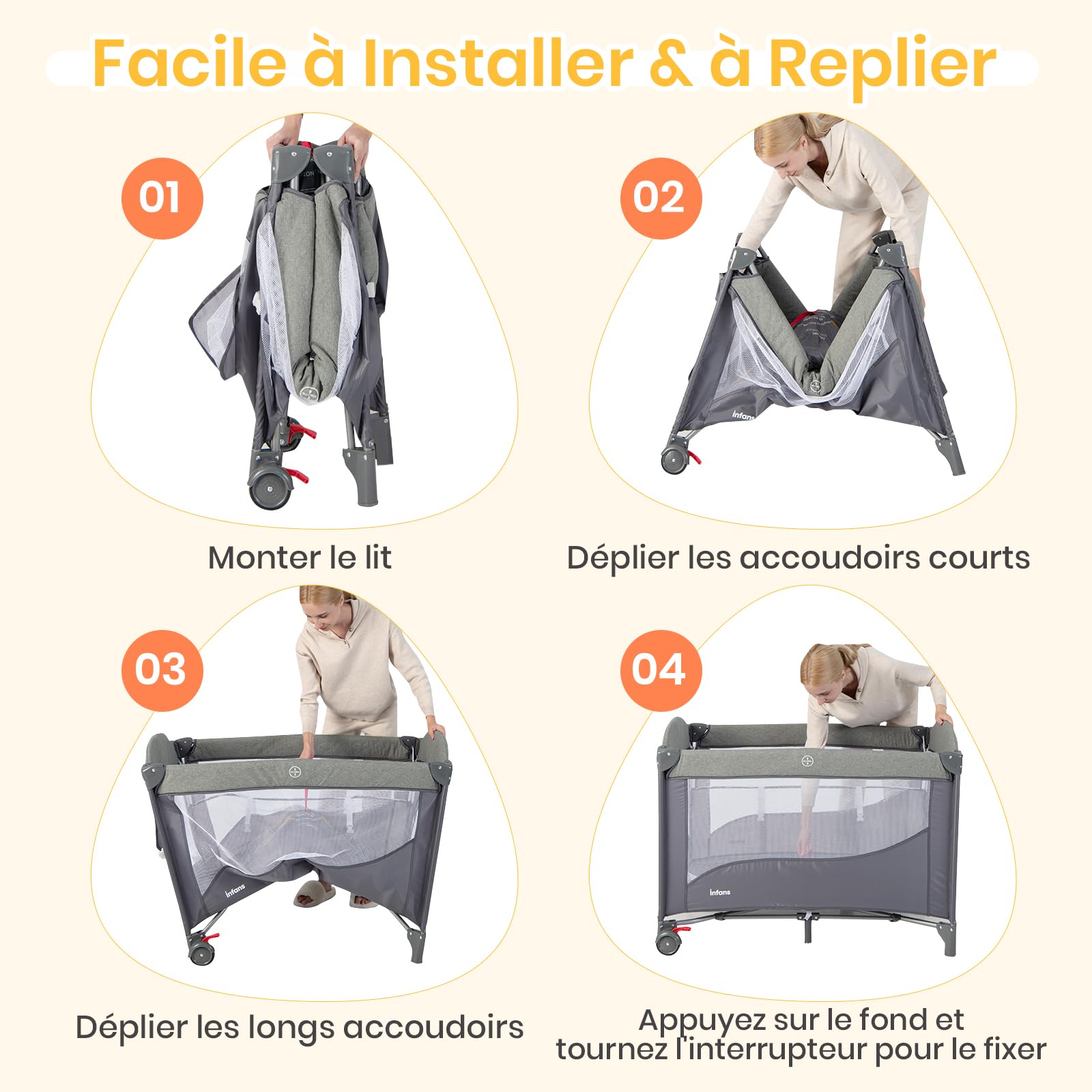 DREAMADE 5 en 1 Lit Parapluie Bébé, 110x76x82CM Lit Cododo avec Matelas,0-9Mois,avec Hauteur Réglable,Bascule 5-10°,Roues avec Freins,Boîte à Musique (Gris)