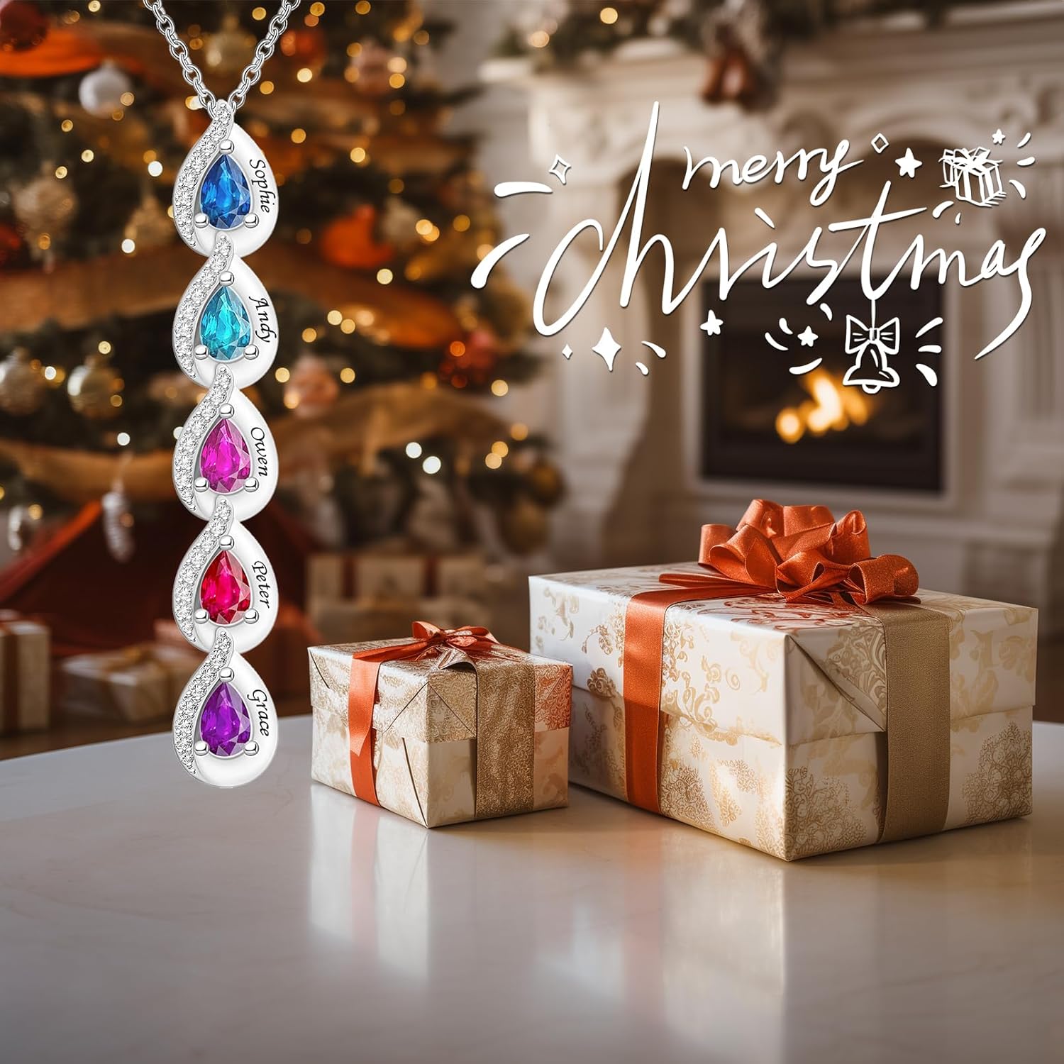 Custom Pendant Necklace with 1-5 Birthstones and Names Personalized Mothers Necklace for Women Drop-shaped Necklace for Mother