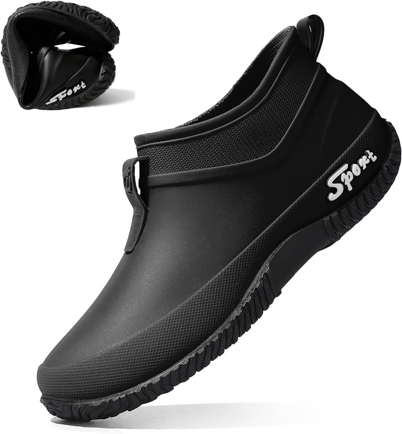 Women's Rubber Flat Low Top Rain Boot Fashion Round Wide Toe Waterproof Lug Sole Anti-Slip Slip on Deck Garden Shoes for Boating Camping Farming Outdoor Work