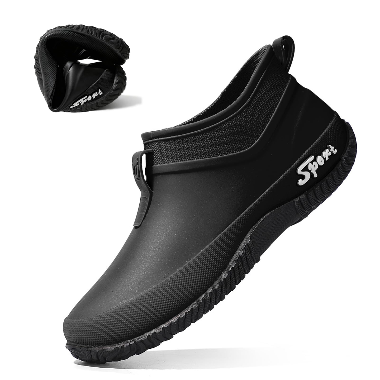 Womens Rubber Flat Low Top Rain Boot Fashion Round Wide Toe Waterproof Lug Sole Anti-Slip Slip on Deck