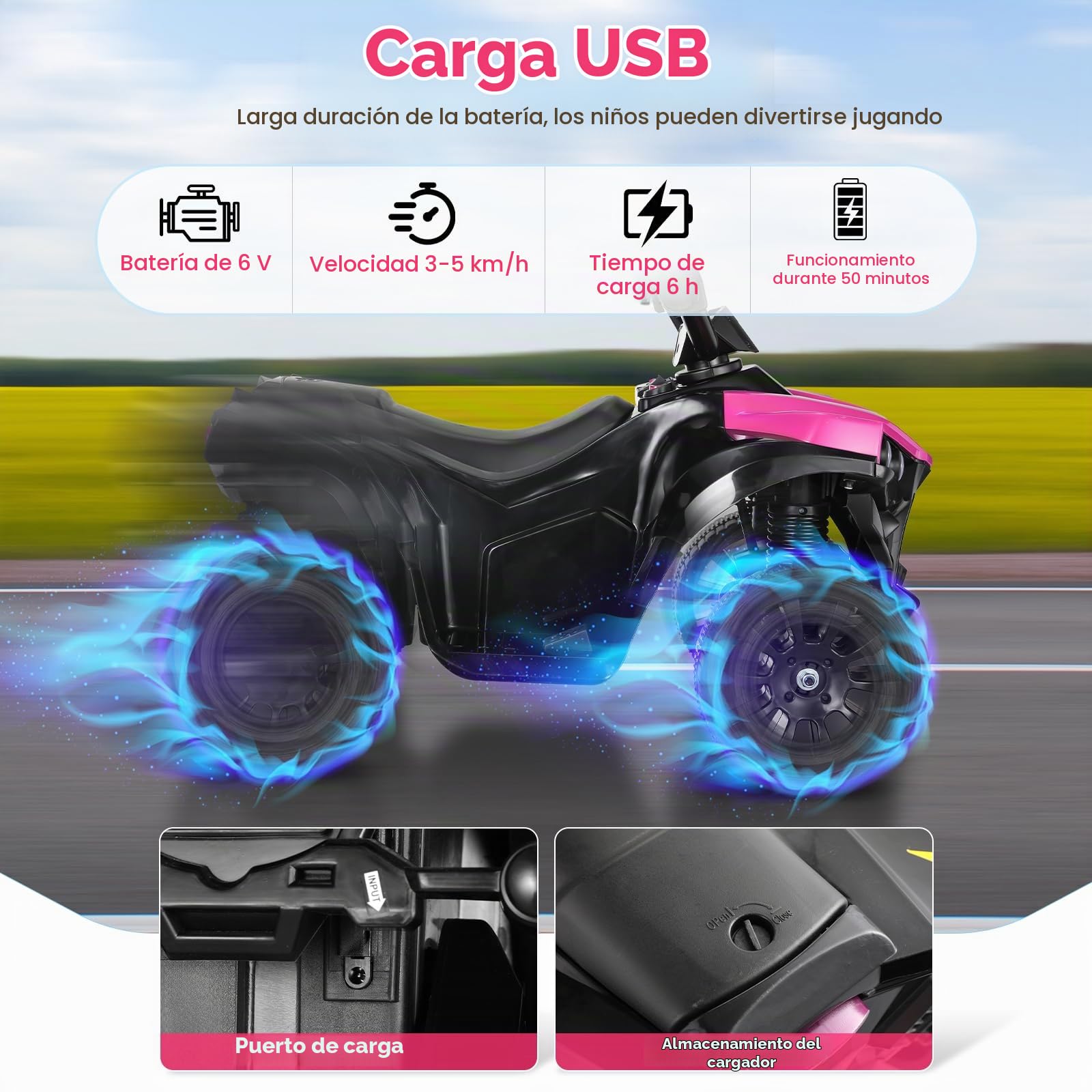MAMIZO Quad Eléctrico Infantil 6V, Vehículo Eléctrico para Niños de 3 a 8 Años, Vehículo Eléctrico Niños, 3 km/h, con MP3, Trompeta, Faro LED & Carga USB, 68x44x41 cm, Rosa,4 pcs Ruedas