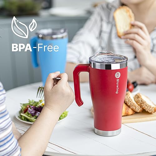 Miniatura 7 de Vaso con asa, vaso de acero inoxidable de 30 onzas con aislamiento de doble pared con tapa, taza de café a prueba de fugas de viaje, sin BPA (verde