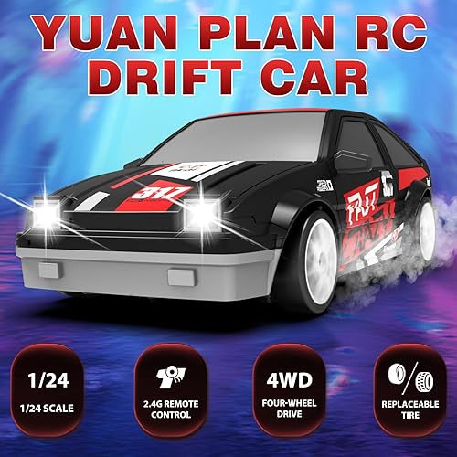 Miniatura 2 de Coche de control remoto 124 2.4GHz 4WD RC Drift Car, recargable de alta velocidad RC con luces frías, dos baterías y neumáticos adicionales,