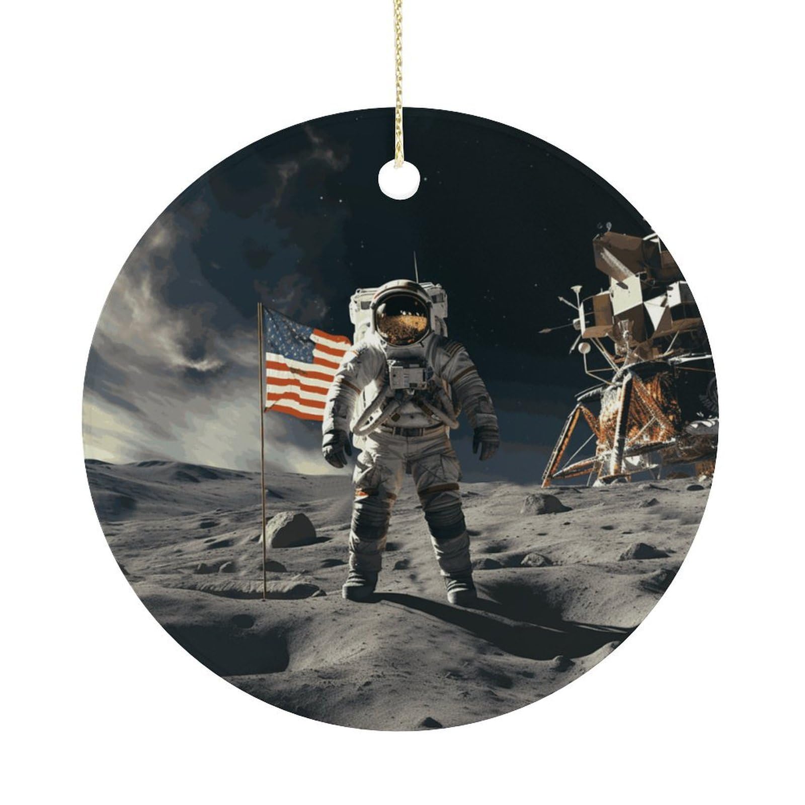Personalized Christmas Ornaments 2025 Ceramic Hanging Astronaut Landing Ornaments with Gold String Double-Sided Vintage Holiday Decorations for Tree Mantel Tabletop Xmas Party Favors