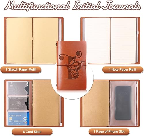 Miniatura 4 de Booson Diario de viaje inicial personalizado con mariposas, cuaderno de cuero, diario recargable, bloc de notas de escritura, monograma, regalo de