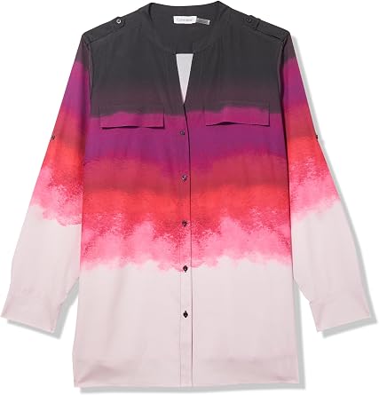Calvin Klein Womens Button Front Printed Long Sleeve Blouse