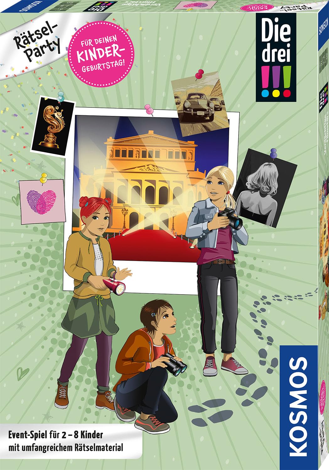 Kosmos 684303 Die DREI !!! Rätselparty, Geburtstagsparty Set, feiern mit Die DREI Ausrufezeichen und gemeinsam Fall lösen, Komplett-Set für stressfreie Vorbereitung