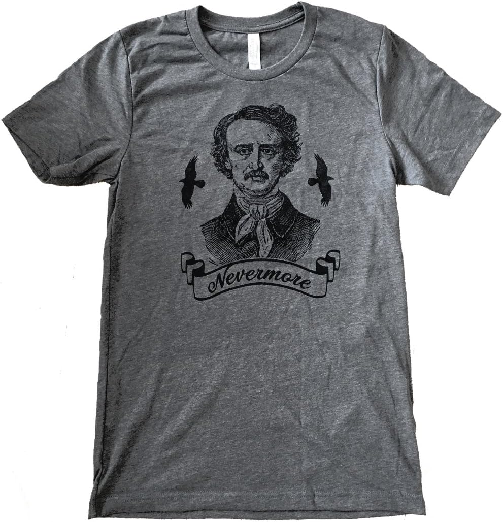 Friendly Oak Edgar Allan Poe with Raven T-Shirt - L - Heather Grey Apparel