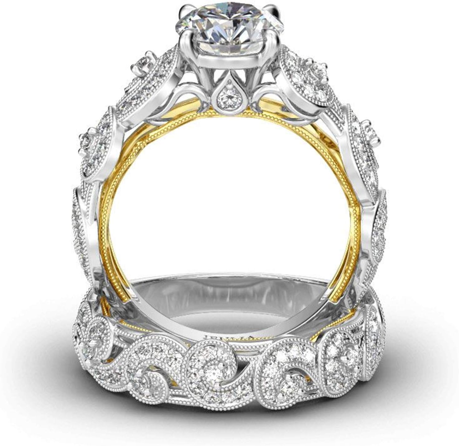 Jeulia Vintage Scrollwork Round Cut Sterling Silver Ring Set for Women Wife Girlfriend Engagement Wedding Anniversary Christmas Birthday with Jewelry Box