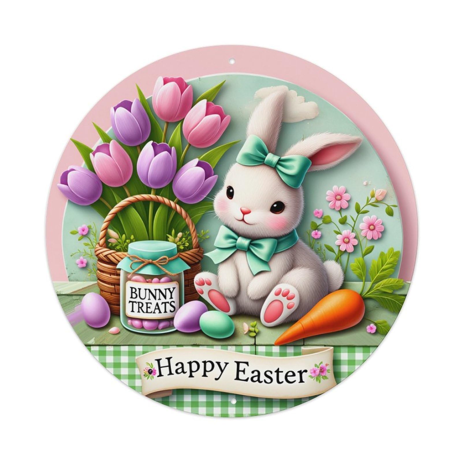 Easter Bunny Tulips Carrot Treats Round Tin Sign Retro Metal Sign for Cafe Bar Pub Home Game Room Gym Club Wall Decoration Vintage Metal Poster 8x8 Inch