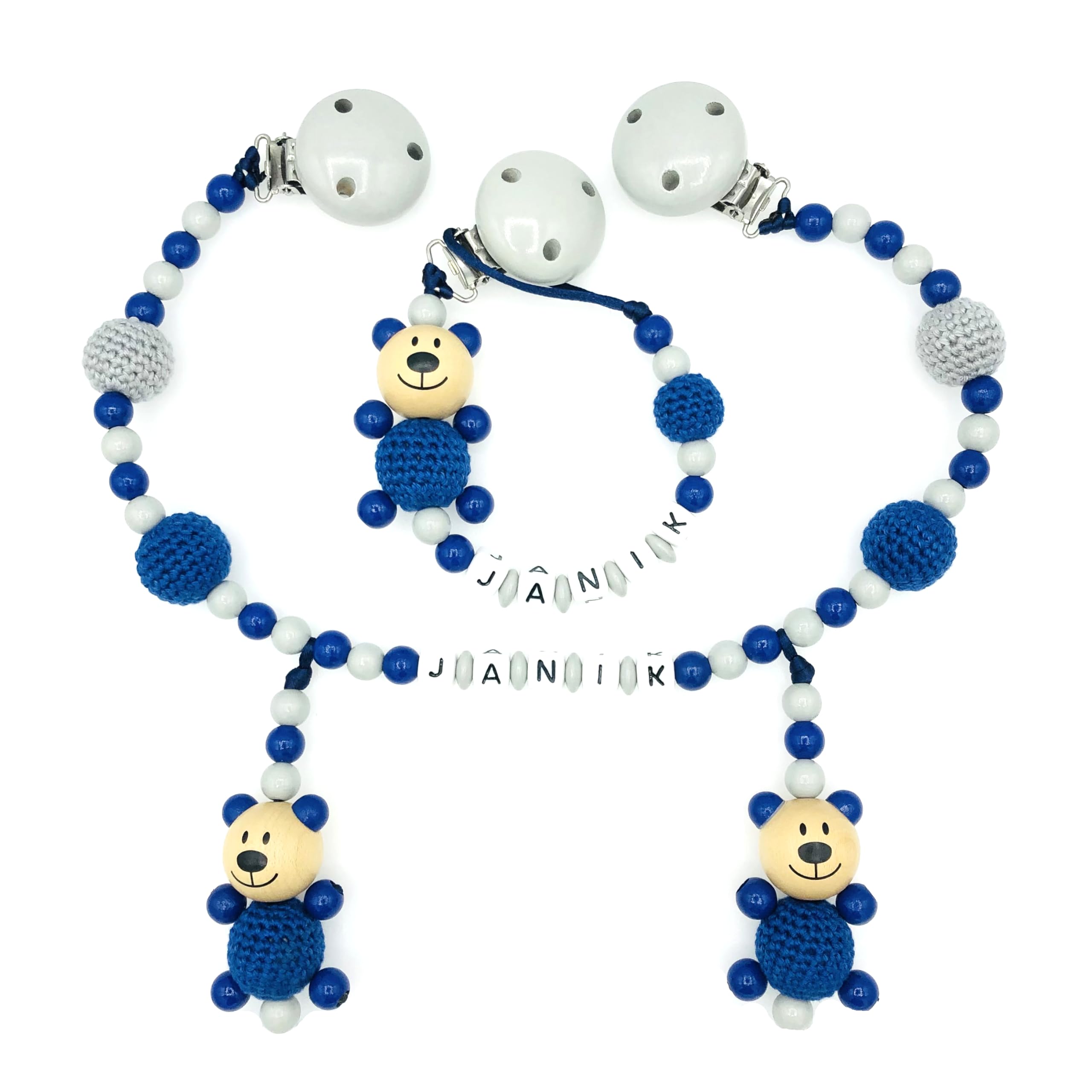 Set Nuckelkette + Kinderwagenkette mit Namen " 3D - BÄR MIT HÄKELKÖRPER/TEDDYBÄR " Hellgrau Dunkelblau/Baby/Unisex/Personalisiert/HANDMADE