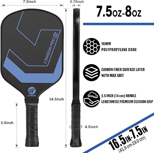 Miniatura 4 de OXIKEN - Paletas de pickleball de 10130.630 in 2024 aprobadas por USAPA T700 de fibra de carbono (CFS), grano alto y giro, núcleo de panal, mango
