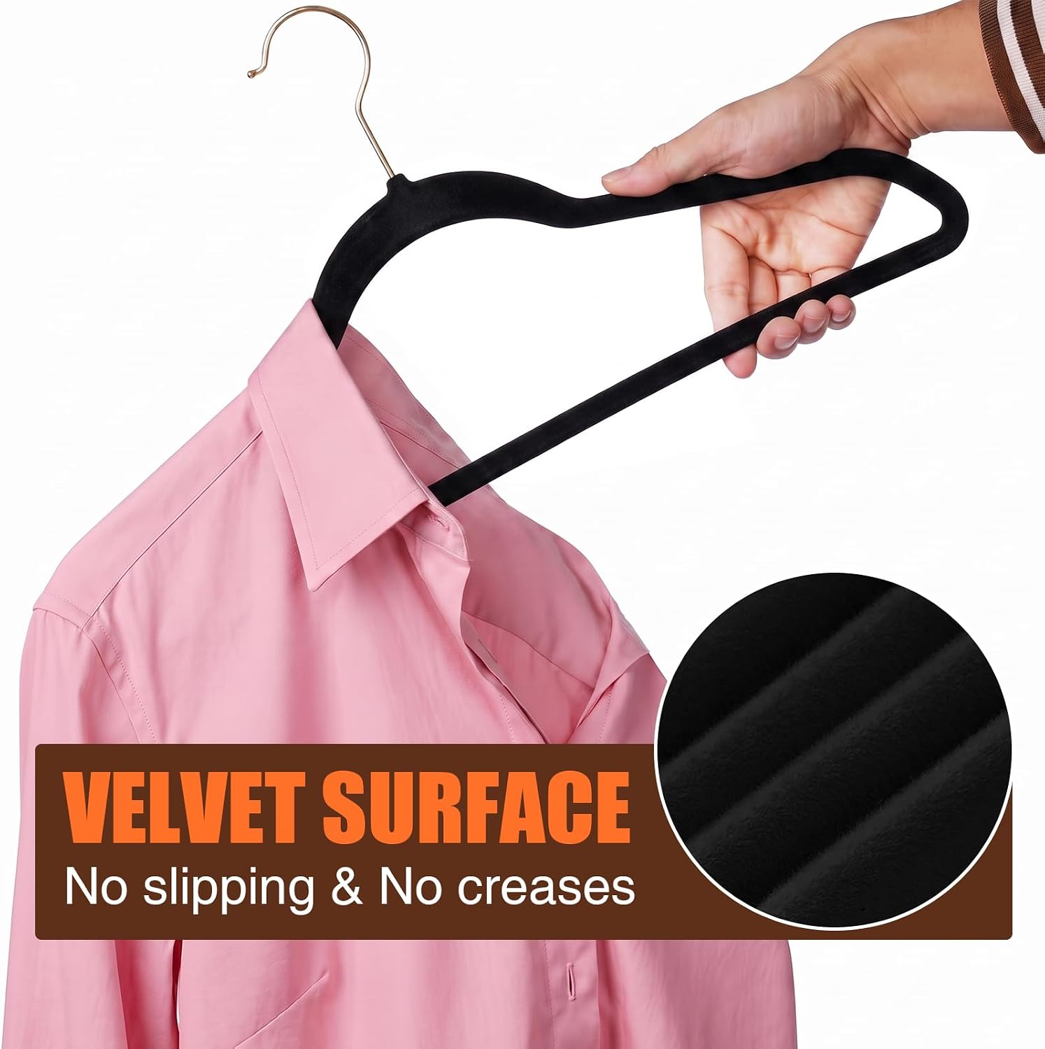 Flottian 100 Pack Black Velvet Hangers Non Slip,Felt Hangers with Gold Hook image 4