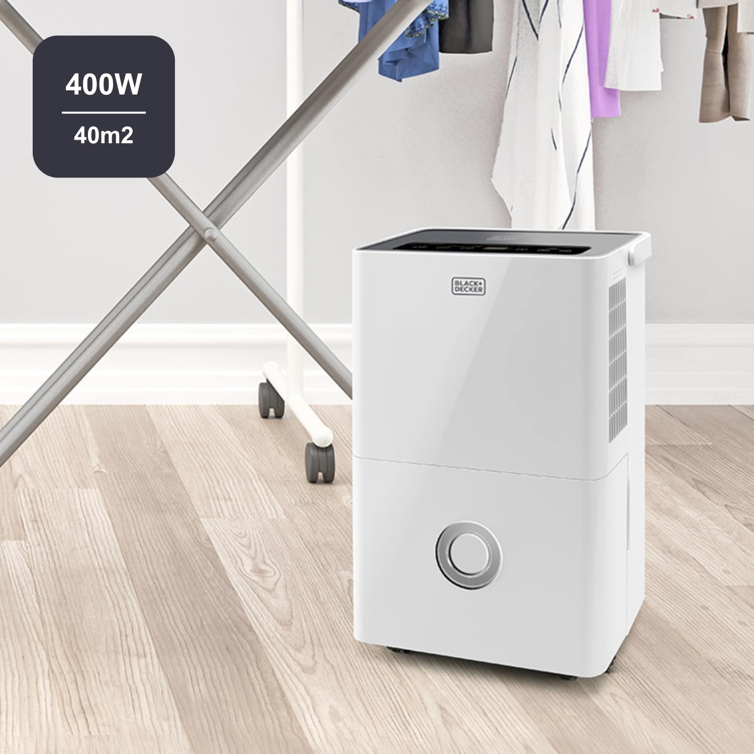 BLACK+DECKER - Deumidificatore e purificatore d'aria BXDH20E + 20 L/giorno | HEPA13 | Asciugatura biancheria | 2 velocità | 400W | Serbatoio 4 L | Programmabile 24h | Ruote | 40 m² | Bianco