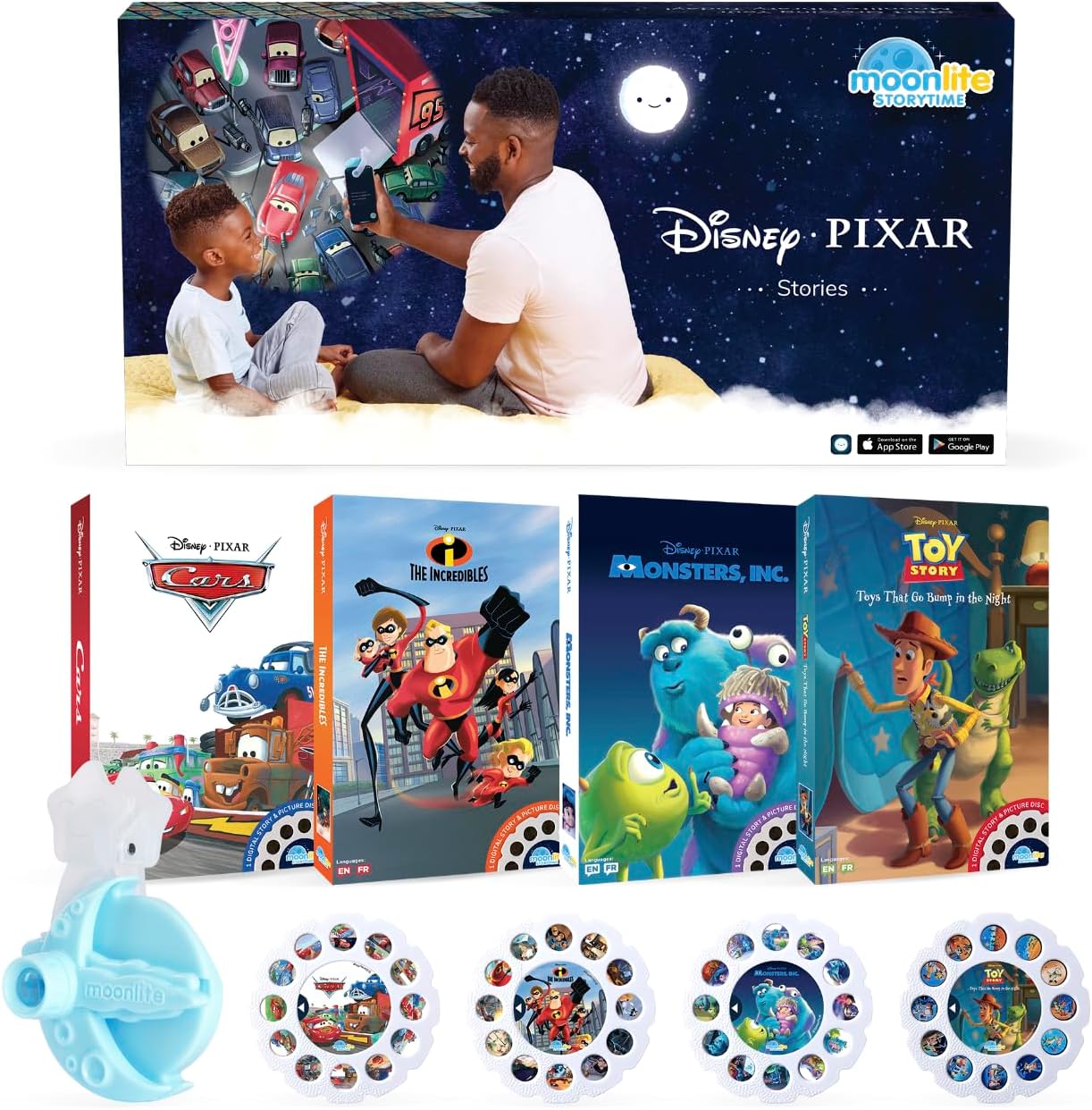 Moonlite Storytime Mini Projector with 4 Pixar Stories - Magically Read Together Digital Story Book, Fun Sound Effects, Toy Story, Car, Incredible, Monsters, Inc., Gift for Kids Ages 1+