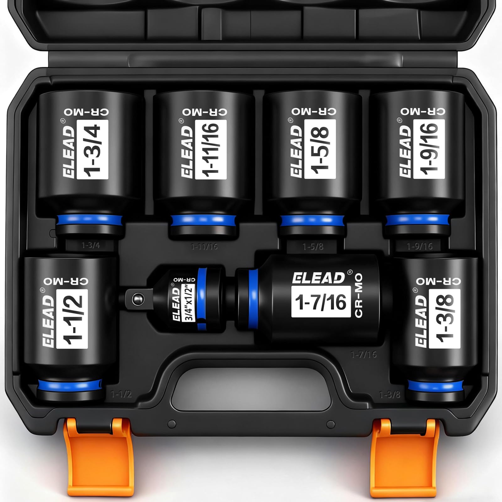 Photo 1 of 1/2'' Drive Deep Impact Socket Set, 8-Piece SAE Wheel Axle Nut Wrench Large Sockets Standard Adapter 1-11/16 1-9/16 1-3/8 1-7/16 1-1/2 1-5/8 1-3/4 Imperial Spindle Joint Torque Bearing Locknut Truck