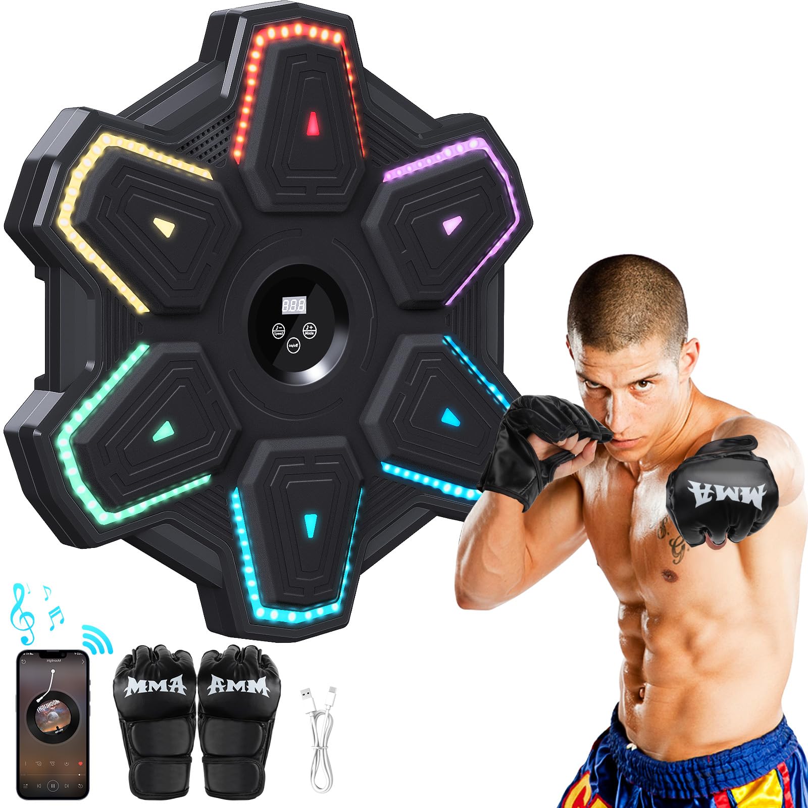 semai Music Boxing Machine, Bluetooth Boxmaschine mit Musik, LED Wandmontiertes Boxziel mit 9 Geschwindigkeitsmodi & Zählmodus, Elektronisches Boxtrainingsgeräte für Heimtraining, Fitnessstud