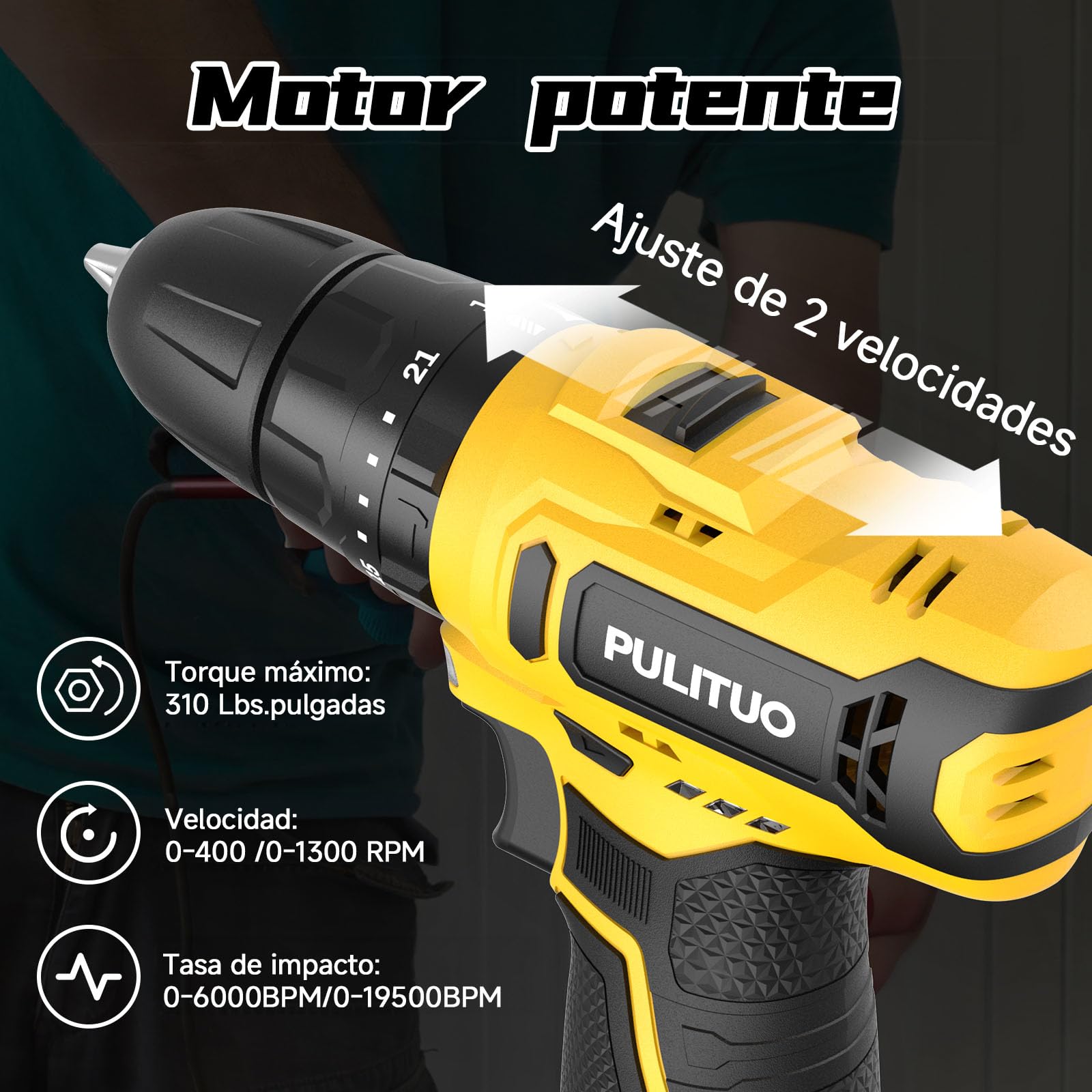 PULITUO Taladro Atornillador Batería 12V, Destornillador Eléctrico 35 N·m, 21+1+1 Niveles De Par, Batería De 1300 mAh, LED, Regulación De 2 Velocidades, Para Bricolaje Y Proyectos DIY (Amarillo)