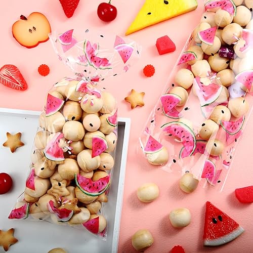 Miniatura 4 de 100 bolsas de golosinas de sandía de celofán, bolsas de dulces de verano, decoraciones de fiesta temáticas de sandía a granel con 100 lazos