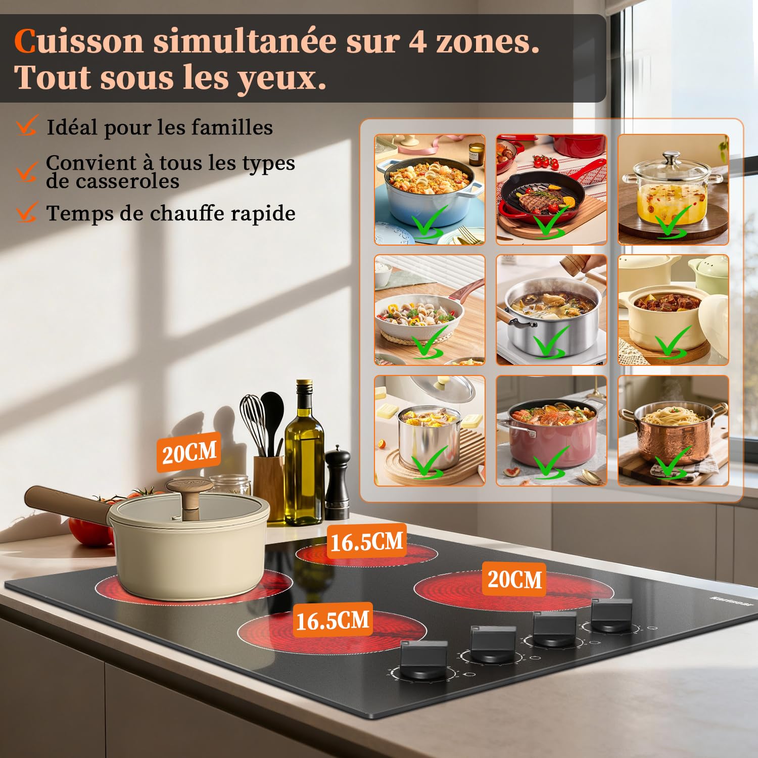 Karinear Plaque Vitrocéramique 4 Feux avec Boutons | Plaque de Cuisson Electrique 60CM Encastrable, Boutons Rotatifs, 6000W, Arrêt Automatique, 220V
