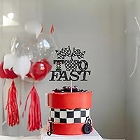 Vista 4 de Gyufise 1 pieza de decoración de pastel de cumpleaños con dos banderas negras con purpurina a cuadros para coche de carreras de 2º cumpleaños