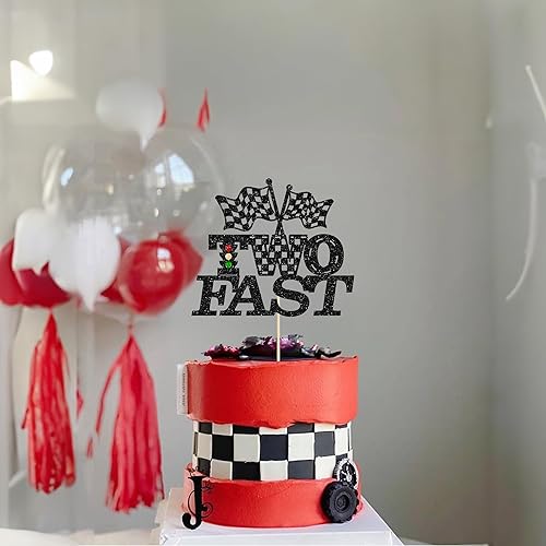 Miniatura 4 de Gyufise 1 pieza de decoración de pastel de cumpleaños con dos banderas negras con purpurina a cuadros para coche de carreras de 2º cumpleaños