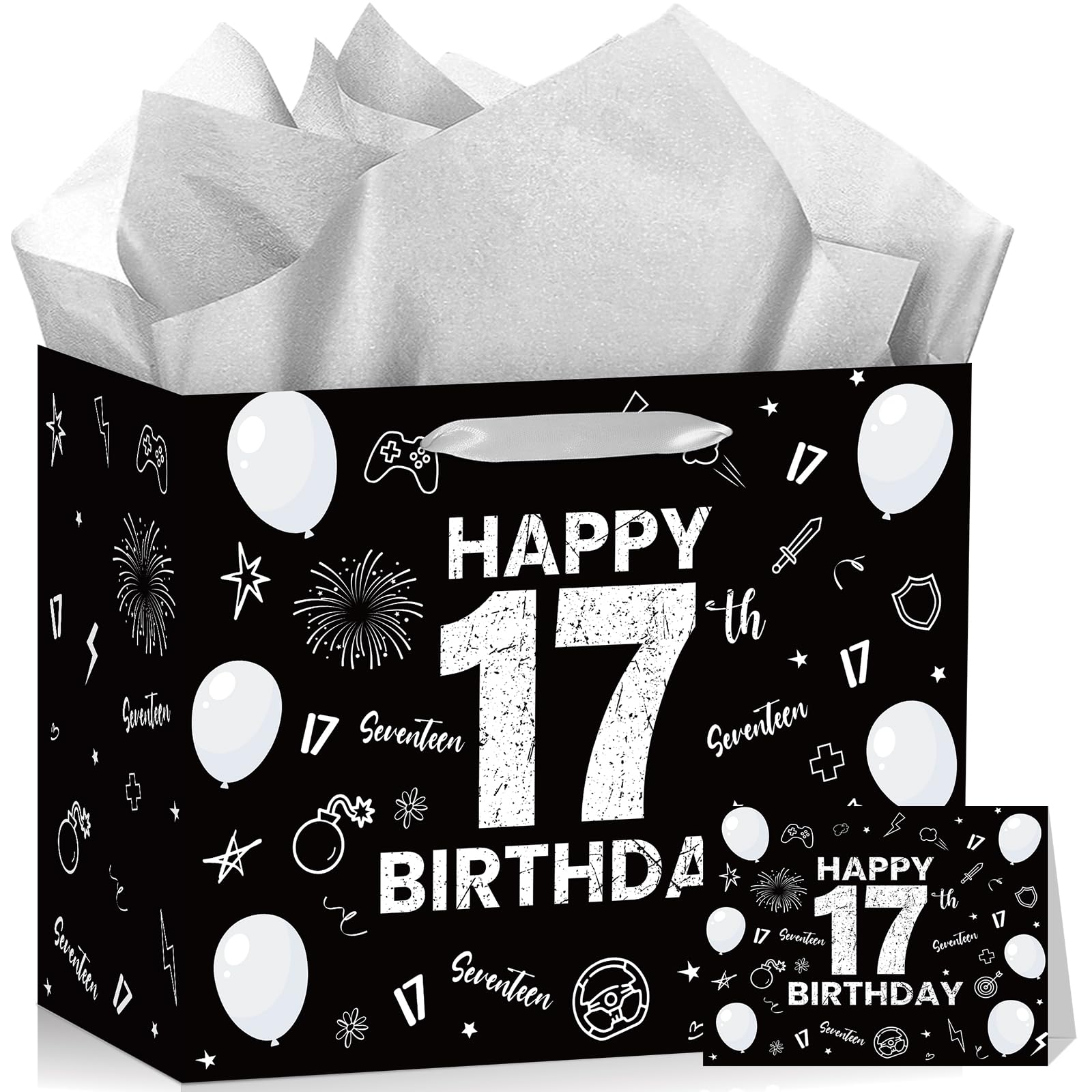Happy 10th Birthday Gift Bag for Boys Girls Out Single Digits I'm 10 Gifts Bag with Wrapping Paper Greeting Card Black Silver 10 Year Old Bday Decorations Party Favors Supplies Decor (17th Birthday