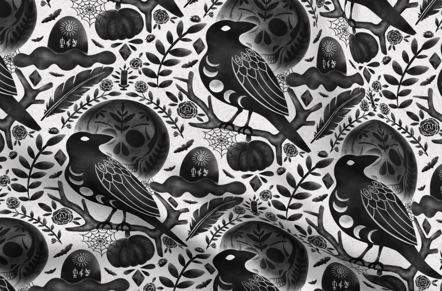 Spoonflower Fabric - Dark Halloween Night Raven Magic Feather Gothic Bats Skull Printed on Petal Signature Cotton Fabric Fat Quarter - Sewing Quilting Apparel Crafts Decor