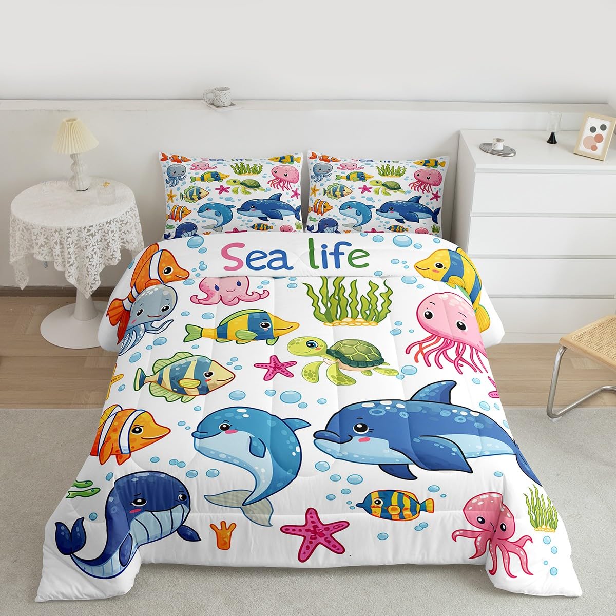 Feelyou Jelleyfish Comforter Set Twin Size Soft Cute Cartoon Ocean Shark Dolphin Bedding Set with Pillow Case Decor Kids Marine Sea Life Comforter for