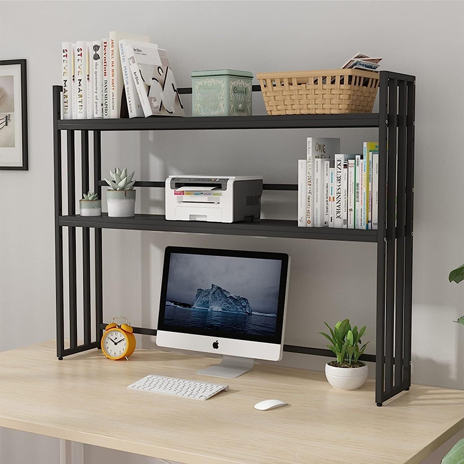 Regał na Książki Biblioteczki 2-poziomowy Regał Na Biurko Metalowe Półki Książki Regulowany Stojak Do Przechowywania Biurku Salon W Biurze Uniwersalny Salonu(Black)