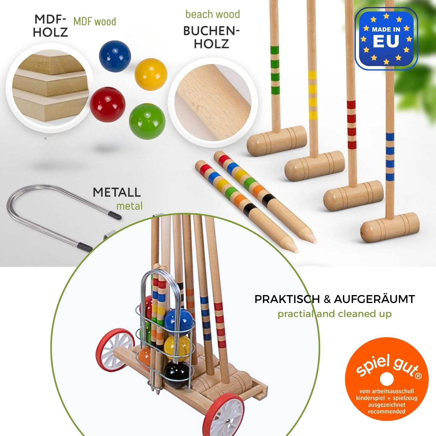GICO Jeu de Croquet en Chariot Bois 6 Joueurs 4 Maillets 80 cm Enfants 2 Maillets 100 cm Adultes Plein Air