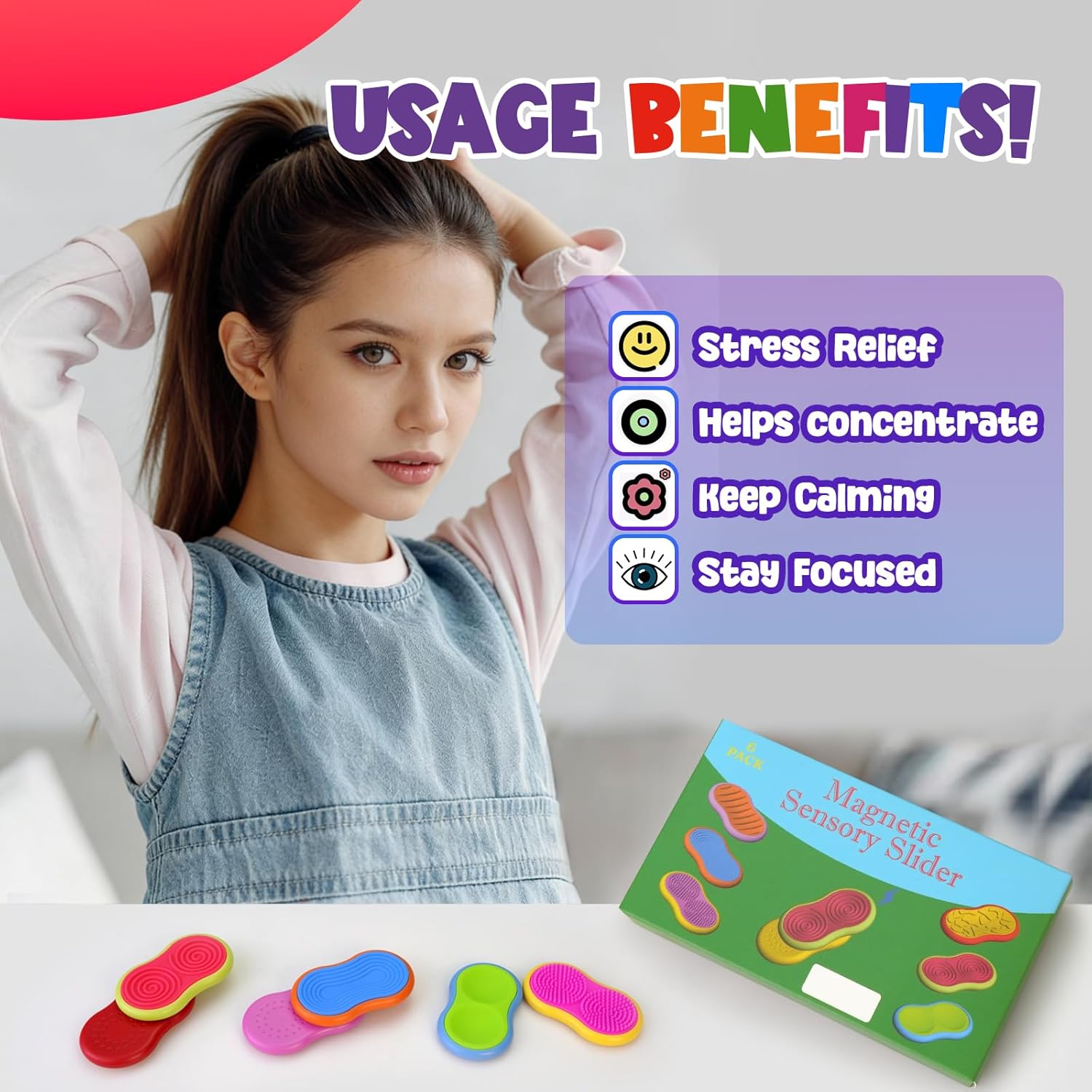 6PCs Magnet Sensory Fidget Toys for Kids - 6 Pack Silicone Fidget Magnetic Slider for Autism, Anxiety & ADHD, Calming Tools for Adults Office Desk / Travel Classroom Must Haves, Gifts for Kids
