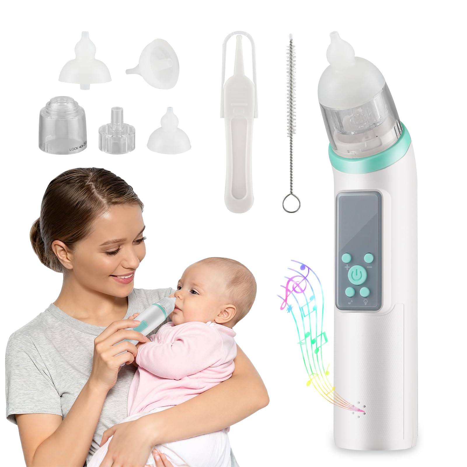 Elektrischer Baby Nasensauger mit Musik und beruhigendem Licht, Elektrischer Baby-Nasensauger mit 5 Saugstufen und 3 weiche Silikonspitzen, Baby-Nasensauger für Neugeborene und Kleinkinder