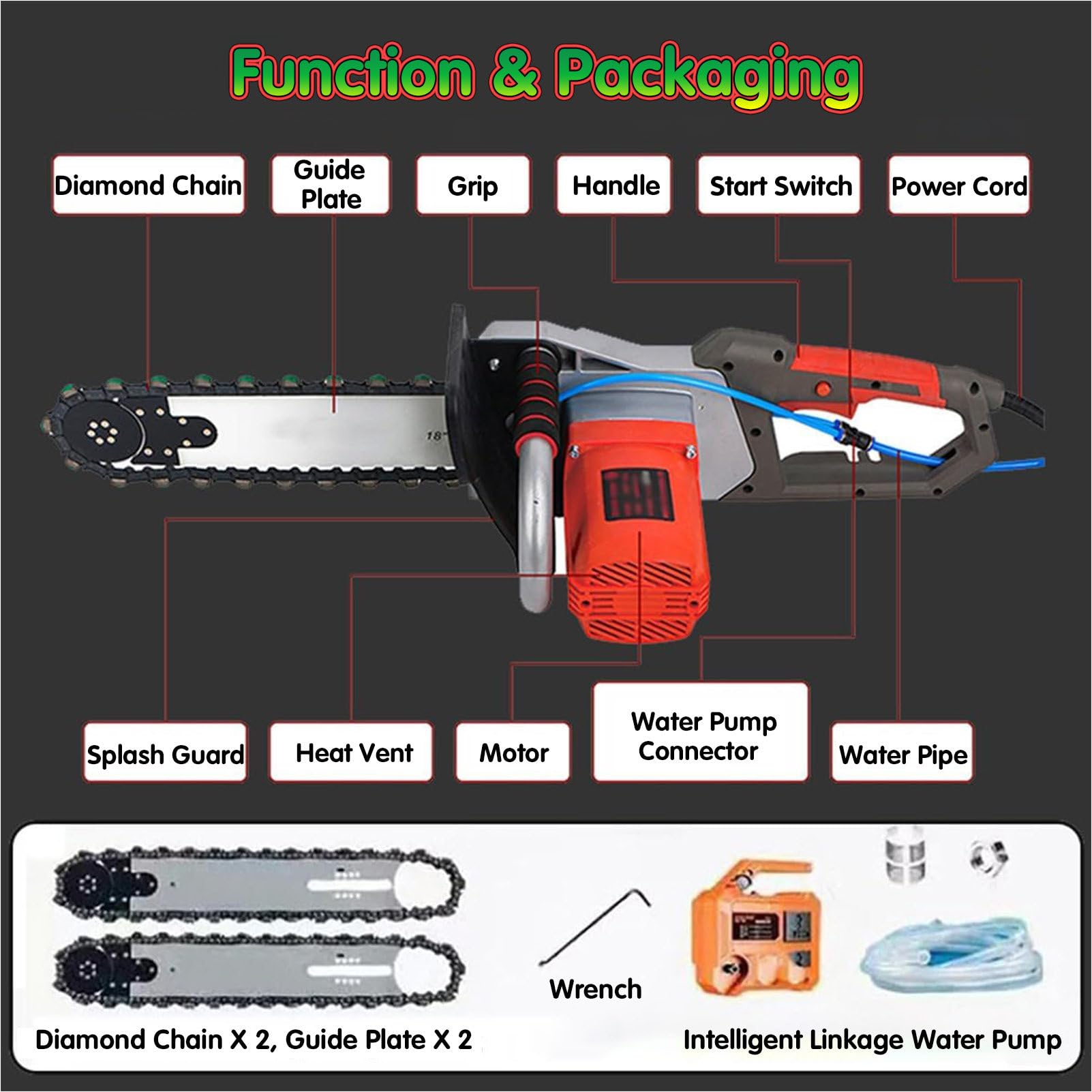 Cortador de pared de mano, máquina de motosierra para granito, hormigón, mármol, equipo de corte industrial con 2 cadenas, 2 barras guía 350