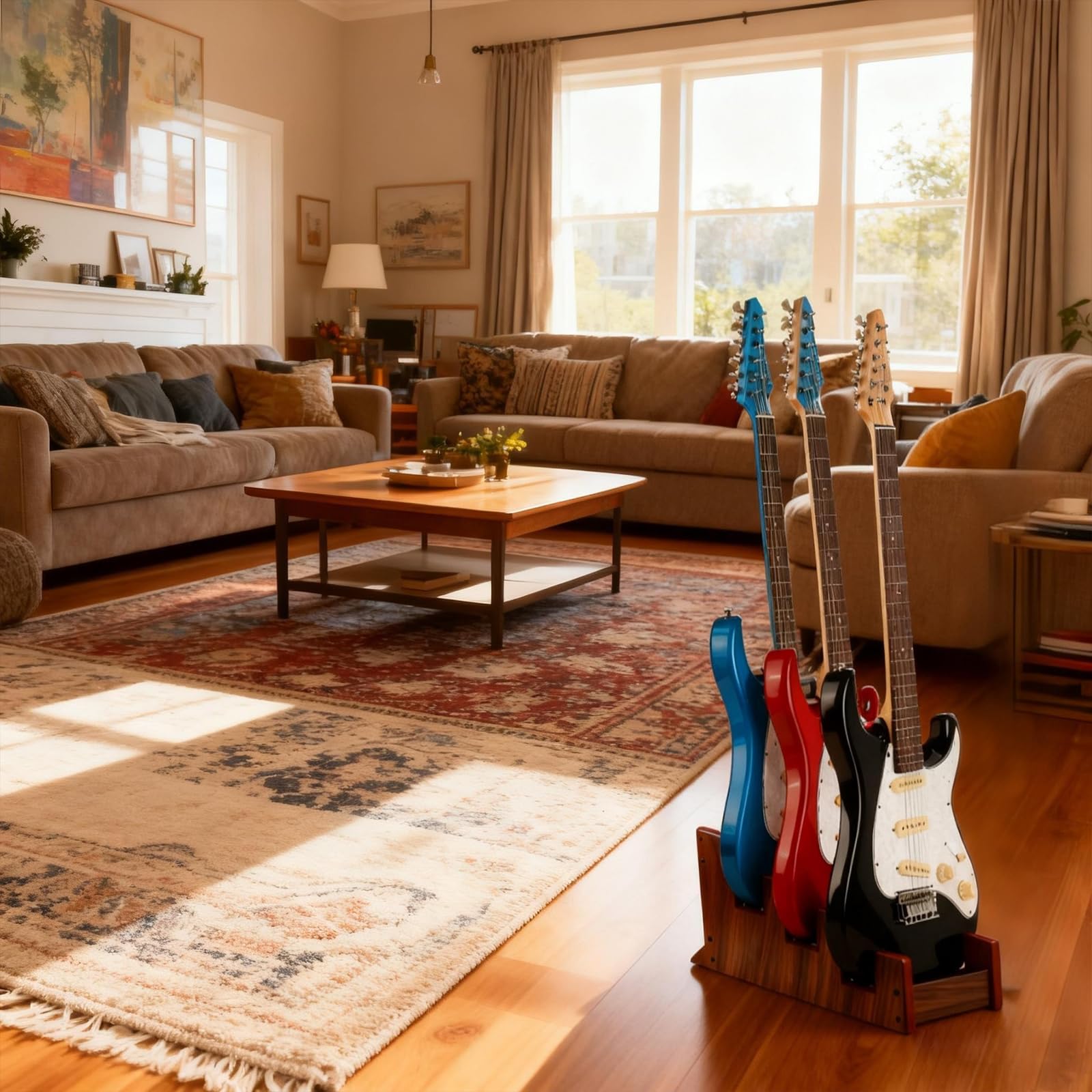 DIDA Soporte de suelo de madera para múltiples guitarras eléctricas, 3 soportes, ahorro de espacio, soporte para guitarra de suelo para casa, estudio, escenario, varias guitarras eléctricas, bajo