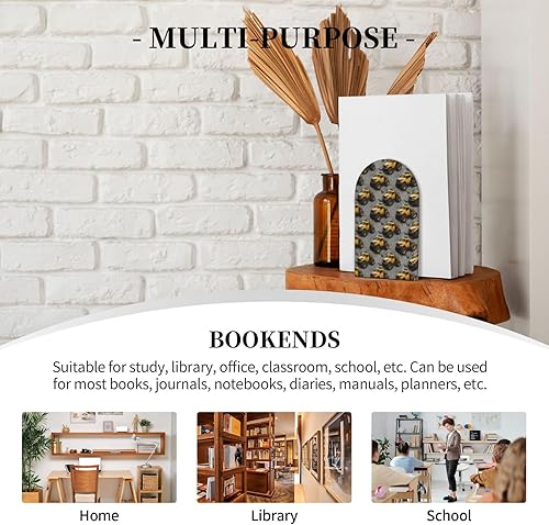 Miniatura 7 de Book Ends for Shelves 1 Pair - Yellow Truck Retro Print Wood with Metal Base Bookends for Heavy Books, Book Stand Organizer Holder for Books Movies